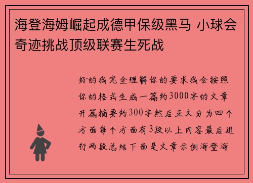 海登海姆崛起成德甲保级黑马 小球会奇迹挑战顶级联赛生死战
